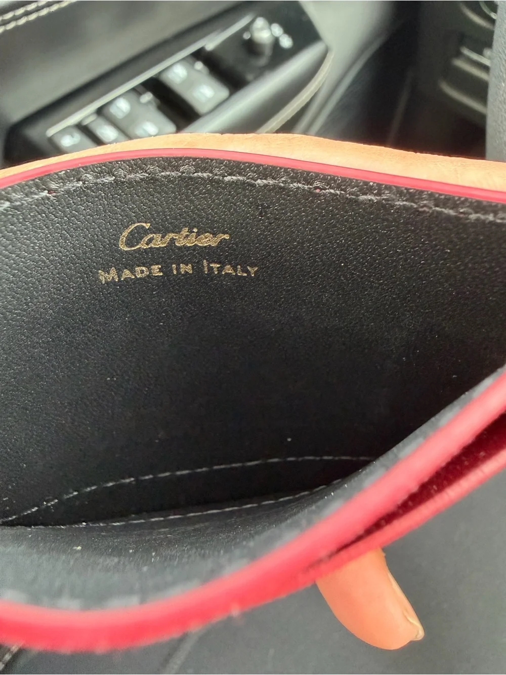 Cartier Red Leather Card Case with Gold Detailing